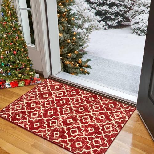 Wonnitar Christmas Entryway Rug Washable Indoor Door Mat,Red Kitchen Rug Non-Slip Soft Low Pile Accent Mat,Moroccan Winter Holiday Xmas Floor Carpet for Bedroom Bathroom Laundry Decorations