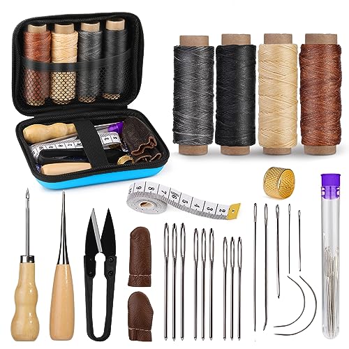 MORFEN Leather Sewing Kit, Leather Stitching Kit, Leather Working Kit with Leather Needles, Sewing Awl, Waxed Thread, Leather Upholstery Repair Kit, Sewing Tools for Hand Stitching DIY Leather Craft