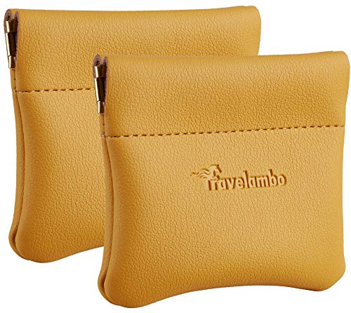 Travelambo Leather Squeeze Coin Purse Pouch Change Holder For Men & Women 2 pcs set (Yellow)