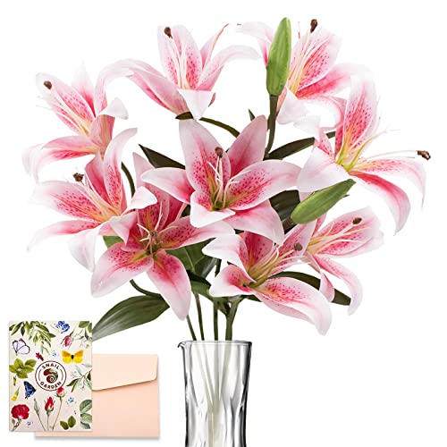 SNAIL GARDEN 12 Heads Artifical Lily Flowers, Long Stem Artificial Stargazer Lilies with 9 Heads Full Bloom Lily & 3 Lily Buds-Faux Tiger Lily Bouquets for Home Hotel Flower Arrangement Party Decor