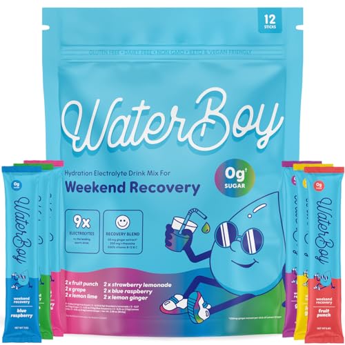 Waterboy Weekend Recovery Sample Pack | 3,200mg Electrolyte Powder Packets | Ginger + L-Theanine + Vitamins | No Sugar, All Natural, Gluten Free | 12 Drink Stick Mixes (Sample Pack)