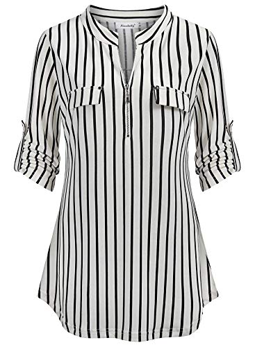 Ninedaily Business Casual Tops Women, Work Blouses Summer Shirts Trendy 2024 Spring Office Uniform Going Out Tops Petite Tops and Blouse Linen Fashion Blouse Stripe Tunics for Women XL Black White