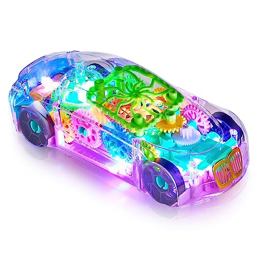 Playbees Light-Up Transparent Car Toy for Kids - 1 Pack - Bump and Go Colorful Moving Gears, Music, LED Effects - Fun Educational Toy - Great Birthday Gift Idea