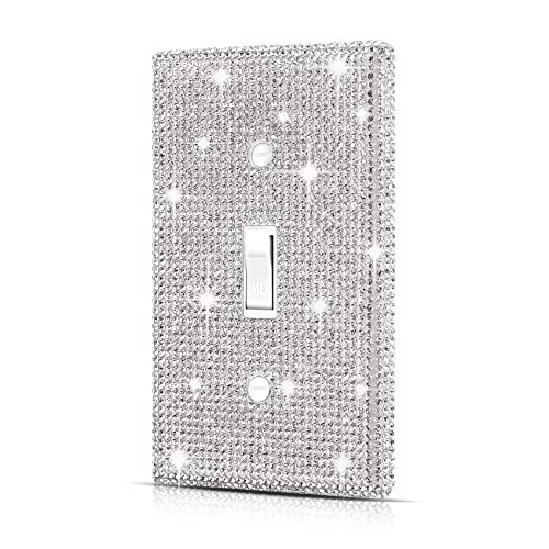 Wall Plate Light Switch Cover, Standard Size 4.50' x 2.76', Dengduoduo Silver Rhinestones Bling Decorative Wall Plate Light Switch Outlet Cover for Bedroom Accessories Home Decor (Single Gang Toggle)