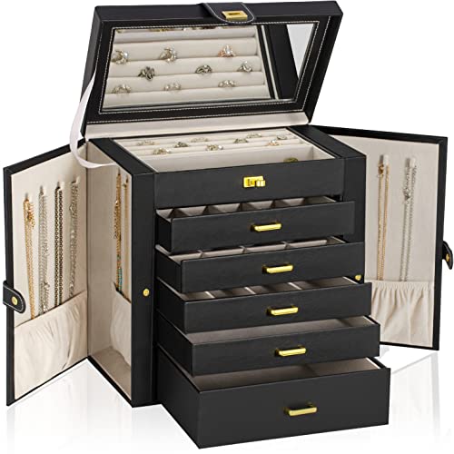 AKOZLIN Huge Jewelry Box Organizer Functional Extra Large Leather Jewelry Storage Case for Women Girls Ring Necklace Earring Bracelet Holder Organizer with Mirror Black