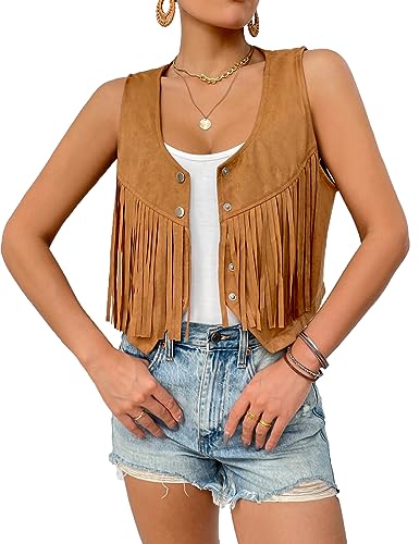 HOTOUCH Brown Faux Suede Fringe Vest for women Boho Clothes Hippie Open-Front Sleeveless Vest Light Coffee Medium