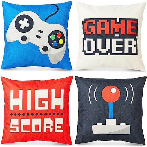 Juvale Decorative Throw Pillow Covers, Video Games (18 x 18 Inches, 4 Pack)