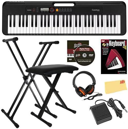 Casio Casiotone CT-S200 61-Key Portable Digital Keyboard - Black Bundle with Adjustable Stand, Bench, Headphone, Sustain Pedal, Instructional Book, Austin Bazaar Instructional DVD, and Polishing Cloth