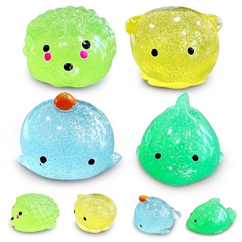 4 Pcs Jumbo Glitter Mochi Squishy Toys for Kids Party Favors, Kawaii Squishies, Sea Animals Sensory Toys for Classroom Prizes, Easter Basket and Goodie Bag Stuffers, Stress Balls Squeeze Toys