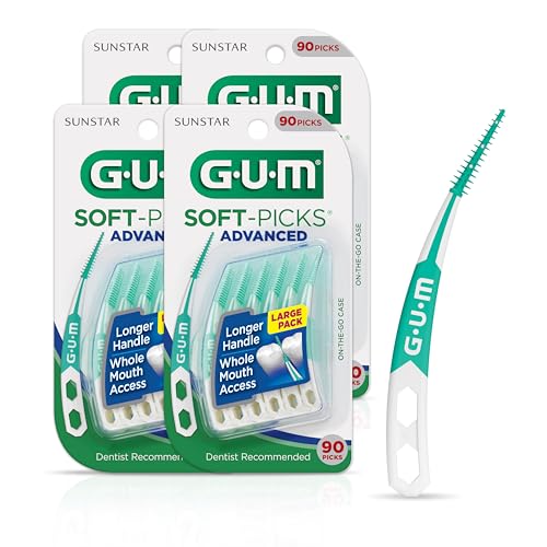 GUM Soft-Picks Advanced, Easy to Use Dental Picks for Teeth Cleaning and Gum Health, Disposable Interdental Brushes with Convenient Carry Case, Dentist Recommended Dental Floss Picks, 90ct (4pk)