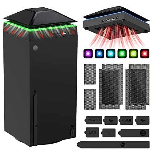 Cooling Fan Dust Proof for Xbox Series X Console with Colorful Light Strip,MENEEA Dust Cover Filter,Rubber Plugs,Low Noise Top Fan with 3 Gears,Cooler&Light Independent Touch Switch, 2 USB Port