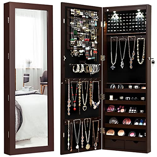 Giantex Jewelry Armoire Wall Door Mounted, Lockable Jewelry Cabinet with 42.5'' Full Length Mirror, 2 LEDs Jewelry Organizer Box with 2 Drawers, Mirror with Jewelry Storage (Espresso)