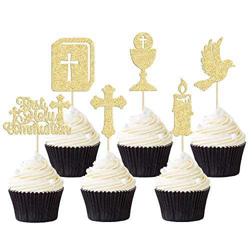 Gyufise 24Pcs First Holy Communion Cupcake Toppers Glitter Dove Cross God Bless Cupcake Picks Christian Baby Baptism Theme Cake Decorations for Baby Shower Birthday Party Supplies Gold