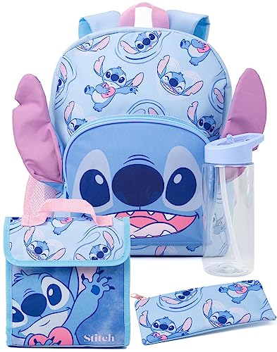 Disney Lilo And Stitch Girls Backpack Set | Kids 4 Piece Rucksack Set with School Bag, Pencil Case, Lunch Bag & Water Bottle