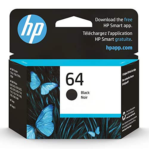 HP 64 Black Ink Cartridge | Works with HP ENVY Inspire 7950e; ENVY Photo 6200, 7100, 7800; Tango Series | Eligible for Instant Ink | N9J90AN