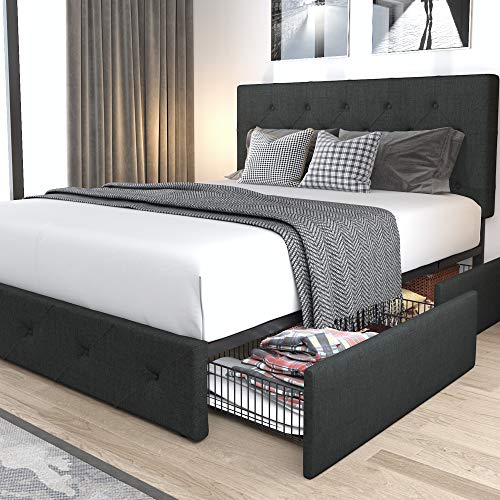 Allewie Upholstered Queen Size Platform Bed Frame with 4 Storage Drawers and Headboard, Diamond Stitched Button Tufted, Mattress Foundation with Wooden Slats Support, No Box Spring Needed, Dark Grey