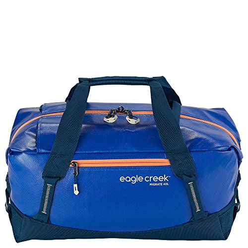 Eagle Creek Migrate Duffel 40L Travel Bag - Featuring Durable Water-Resistant 100% Recycled Materials, Wide Mouth Opening, and Tuck Away Backpack Straps, Mesa Blue