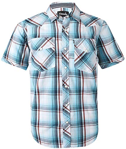 Men's Western Snap Casual Shirt Two Pocket Short Sleeve Shirt(lightblue,Large)