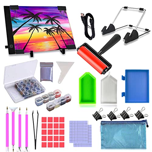 59 Pcs Diamond Painting A4 LED Light Pad Kit, 5D Diamond Painting Accessories Tool Kit Full Drill for Adults and Kids, Supplies Includes Storage Case, Pens,Stand,Pad Board and More