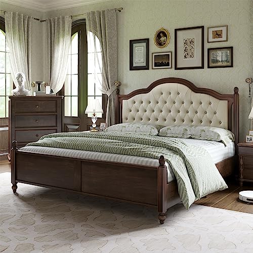 AMERLIFE King Size Solid Wood Bed Frame, Transitional Platform Bed with 52.5' Upholstered Tufted Headboard, Rubberwood/Roman Column Accents/Wood Slat Support/No Box Spring Needed