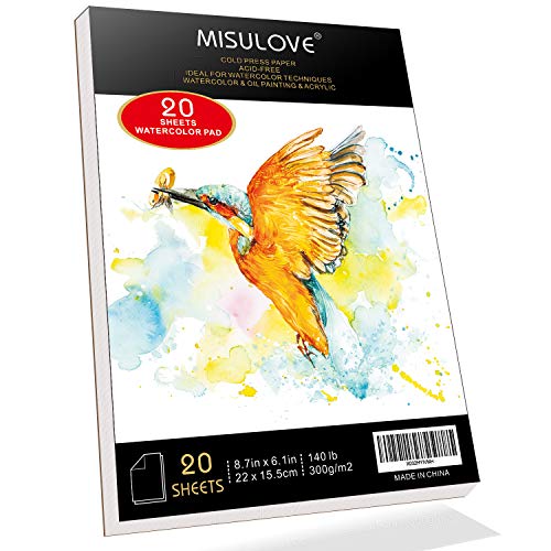 MISULOVE Watercolor Pads, 6.1X8.7', 20 White Sheets (140lb/300gsm), for Watercolor Painting and Wet Media, Textured Paper Great and Sketchbook, Art Paper, Ideal for Kid, Beginners, Artists