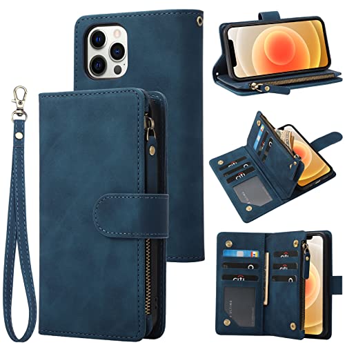 RANYOK Wallet Case Compatible with iPhone 13 Pro Max (6.7 inch), Premium PU Leather Zipper Flip Folio Wallet RFID Blocking with Wrist Strap Kickstand Protective Case (Blue)