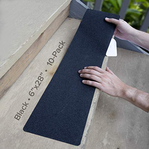 LifeGrip Anti Slip Traction Treads (10-Pack), 6 inch X 28 inch, Best Grip Tape Grit Non Slip, Outdoor Non Skid Tape, High Traction Friction Abrasive Adhesive for Stairs Step, Black (6' X 28' X 10P)