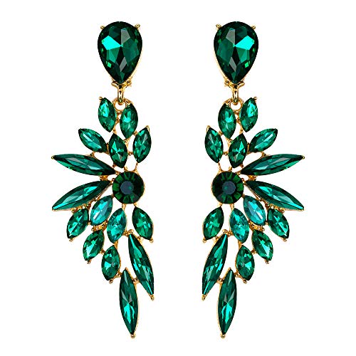 BriLove Women's Wedding Bridal Crystal Teardrop Multi Marquise Cluster Bling Dangle Earrings Emerald Color Gold-Toned