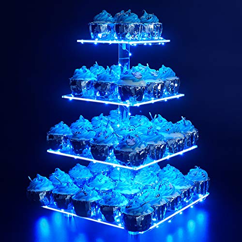 Cupcake Stand – Premium Cupcake Holder/ Tower – Cady Bar Party Décor – 4 Tier Acrylic Display for Pastry + LED Light String – Ideal for Weddings, Birthday (Blue Light)