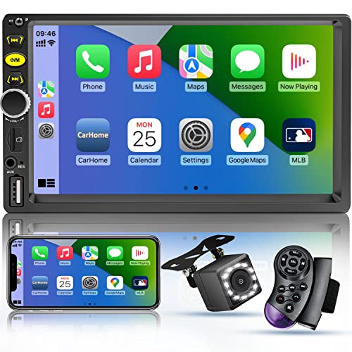 7 Double Din Touch Screen Car Radio with Apple CarPlay,7 Inch Bluetooth Car Stereo with Backup Camera, FM Steering Wheel Controls,Mirror Link Navigation,USB/TF/Subwoorf/240 watts