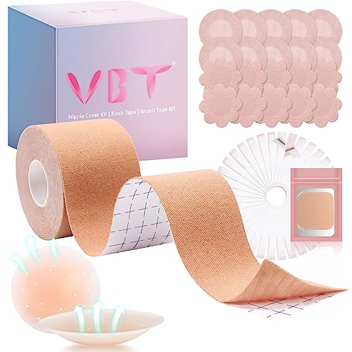 VBT Boob Tape, Breast Tape for Breast Lift with 1 Breast Lift Tape, 10 Pairs Satin Bra Petals, 1 Pair Silicone Nipple Stickers, 36 PCS Double Sided Tape, Bob Tape for Large Breasts A-G Cup Nude