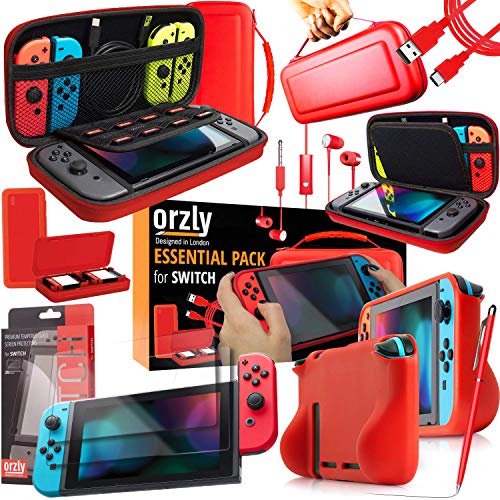 Orzly Switch Accessories Bundle – Carry Case for Nintendo Switch Console (NOT OLED MODEL) Tempered Glass Screen Protectors, USB Charging Cable, Switch Games Case, Comfort Grip Case & Headphones - RED