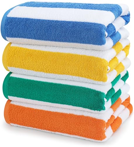 Utopia Towels Cabana Stripe Beach Towels (76 x 152 cm) - 100% Ring Spun Cotton Large Pool Towels, Soft and Quick Dry Swim Towels (Pack of 4) (Blue, Green, Orange & Yellow)