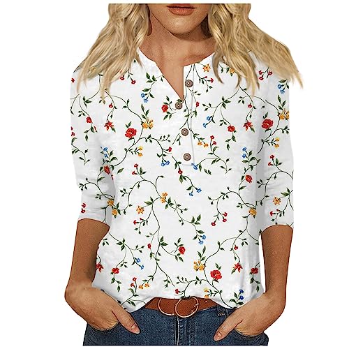 Blouses for Women 2023,3/4 Length Sleeve Womens Tops Casual Autumn Button Down Shirts Loose Fit Three Quarter Length Sleeve Blouse Fall Tops for Women 2023 Large White