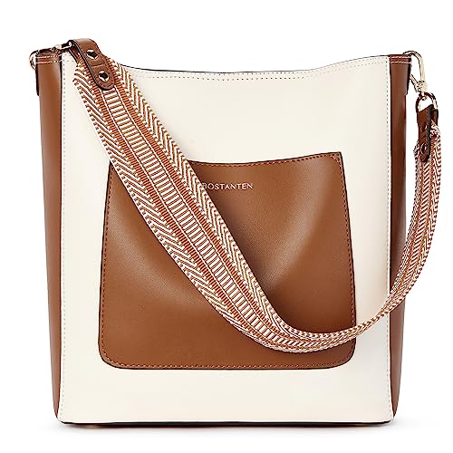 BOSTANTEN Handbags for Women Leather Designer Hobo Tote Purses Shoulder Bucket Crossbody Bags Beige with Brown