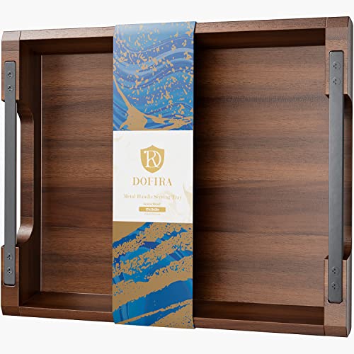 Dofira Acacia Wood Serving Tray with Metal Handles, 17x13in Food Drinks Tray for Coffee Table, Breakfast, Dinner & Bar, Rustic Decorative Storage Tray for Ottoman, Kitchen, Bedroom (Gift Packaging)