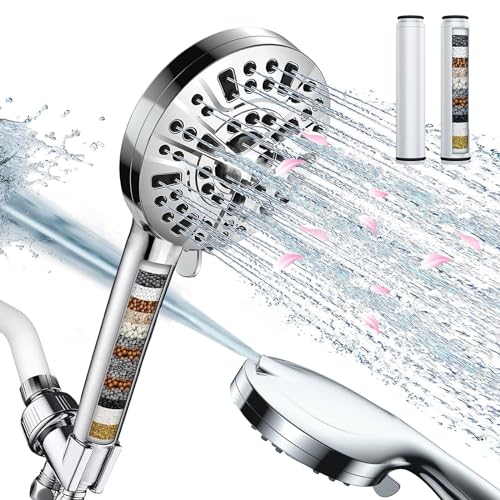 Shower Heads with Handheld 10 Spray Combo, High Pressure Shower Head with 2 Replaceable Filters, Detachable Filtered Shower Head for Hard Water with Stainless Steel Hose, Water Softener Showerhead