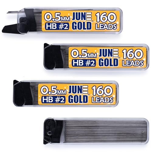 June Gold 640 Pieces, 0.5 mm HB #2 Lead Refills, 160 Pieces Per Dispenser, Fine Thickness, Break Resistant Lead/Graphite (Pack of 4 Dispensers)