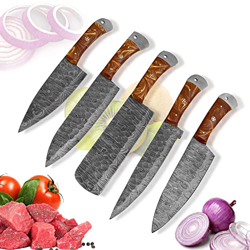 JS Damascus Chef Knife Set - Fixed Blade 5 Pc's Kitchen Knives - Custom Handmade Unique Knives(CF 003)