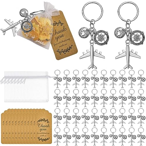 Henoyso Airplane Keychain Party Favor, Including Airplane Compass Keychain with Thank You Tags, Organza Favor Bag for Party (60 Pcs)