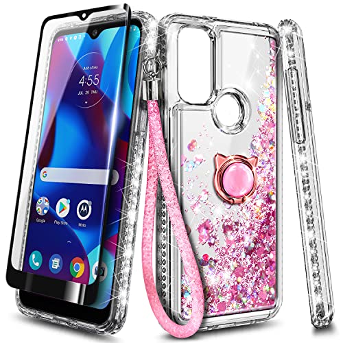 NGB Supremacy Compatible with Motorola Moto G Play (2023) Case with Tempered Glass Screen Protector, Ring Holder/Wrist Strap, Girls Women Liquid Bling Sparkle Floating Glitter Cute Case (Rose Gold)