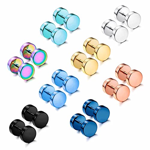 Jstyle 8 Pairs Dot Stud Earrings for Men Women Surgical Steel Screw Flat Back Earrings Multicolor Faux Gauges Ear Plug Tunnel Disc Mens Stud Earrings Piercing Set 8mm