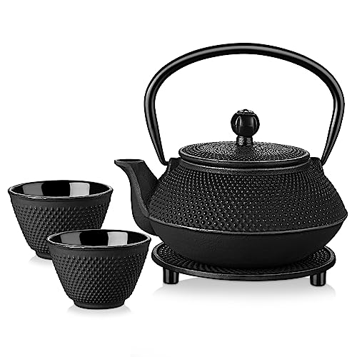 Velaze Cast Iron Teapot Set,Japanese Cast Iron Teapot [Heat Preservation] with Trivet and Stainless Steel Infuser,Durable Cast Iron with a Fully Enameled Interior,Beautiful Hammered Design,700ML/ 23OZ
