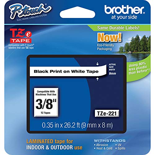 Brother Tape, Retail Packaging, 3/8 Inch, Black on White (TZe221)