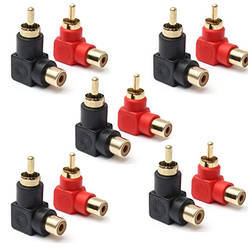 exgoofit RCA Male to RCA Female Connectors Right Angle Plug Adapters M/F 90 Degree Elbow Gold-Plated (5 Black + 5 Red) (10-Pack)