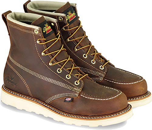 Thorogood American Heritage 6” Moc Toe Work Boots for Men - Soft Toe, Premium Full-Grain Leather with Slip-Resistant Wedge Outsole and Comfort Insole; EH Rated, Trail Crazyhorse - 14 EE US