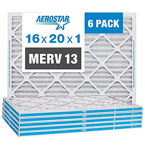 Aerostar 16x20x1 MERV 13 Pleated Air Filter, AC Furnace Air Filter, 6 Pack (Actual Size: 15 3/4'x 19 3/4' x 3/4')