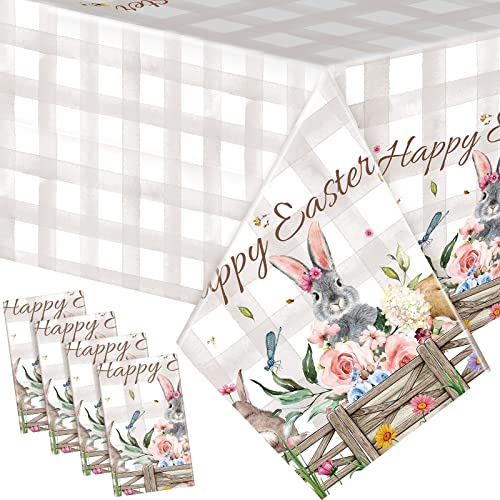 Patelai 4 Pcs Easter Table Cloth 54 x 108 Rectangle Happy Easter Bunny Tablecloth Spring Flowers Easter Table Cover Plastic Table Decorations Tablecloth for Home Picnic Dinner (Plaid Style)