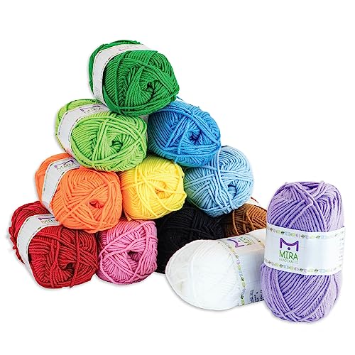 Acrylic Yarn | 1312 Yards | Large 50g Skeins | 12 Multicolor Knitting and Crochet Yarn Bulk – Starter Kit for Colorful Craft - 7 Ebooks with Yarn Patterns - by Mira HandCrafts