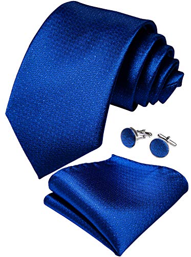 DiBanGu Solid Royal Blue Tie for Men Wedding Business Silk Plain Blue Necktie and Pocket Square Cufflinks Set